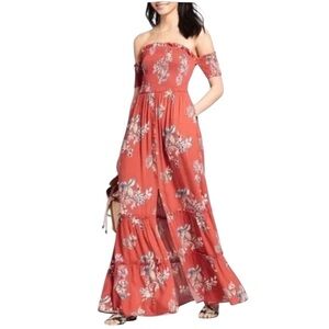 Xhilaration Womens Burnt Orange Floral Off Shoulder Boho Maxi Dress Medium